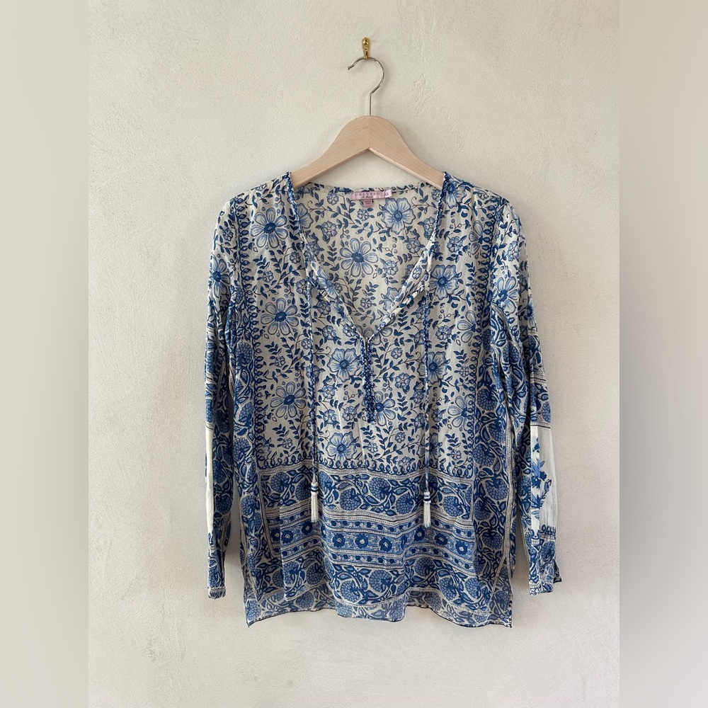 Calypso St. Barth Blue and white tie front floral cotton top